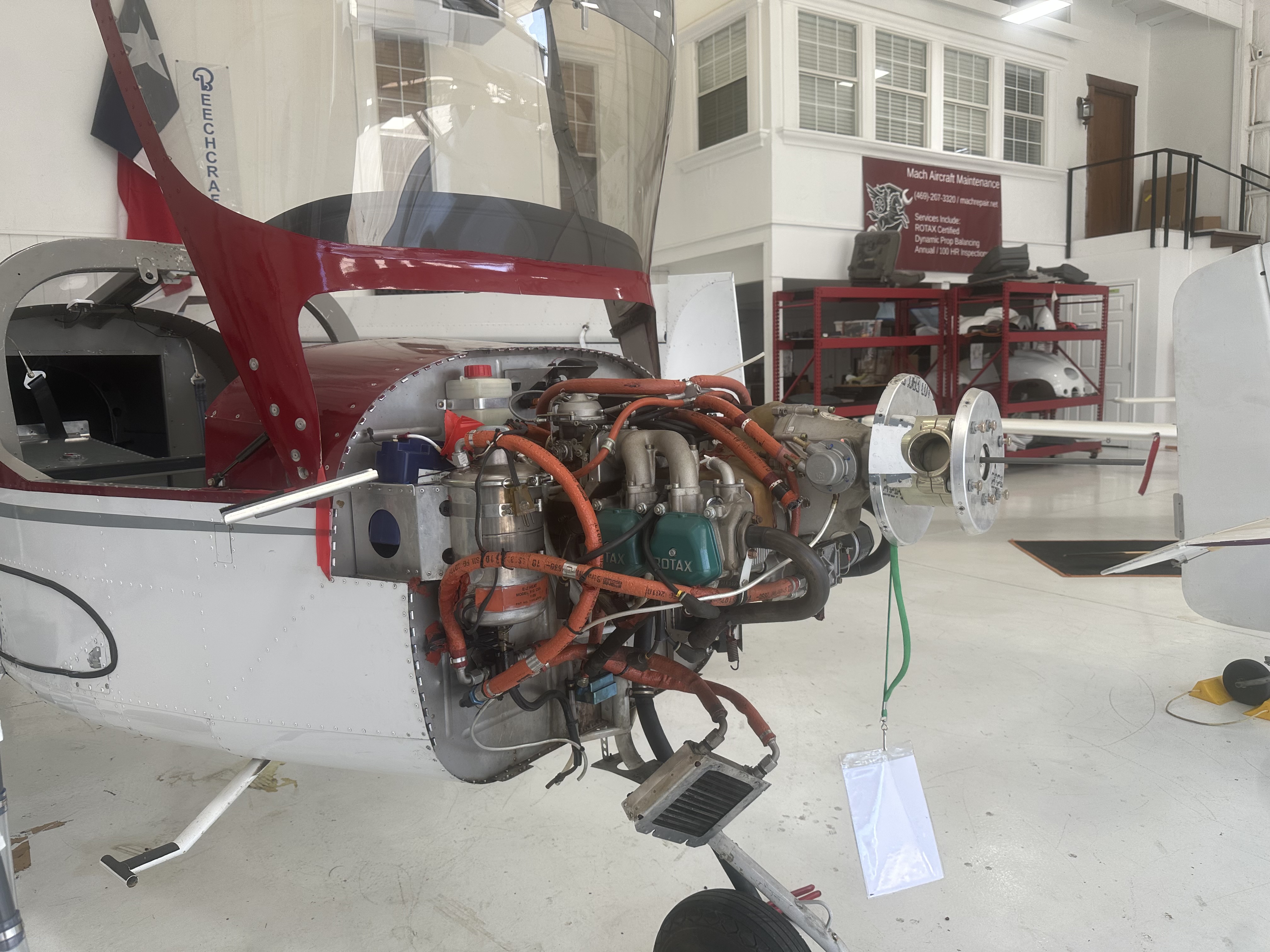 Van's RV-12 undergoing Rotax engine maintenance inside the Mach hangar