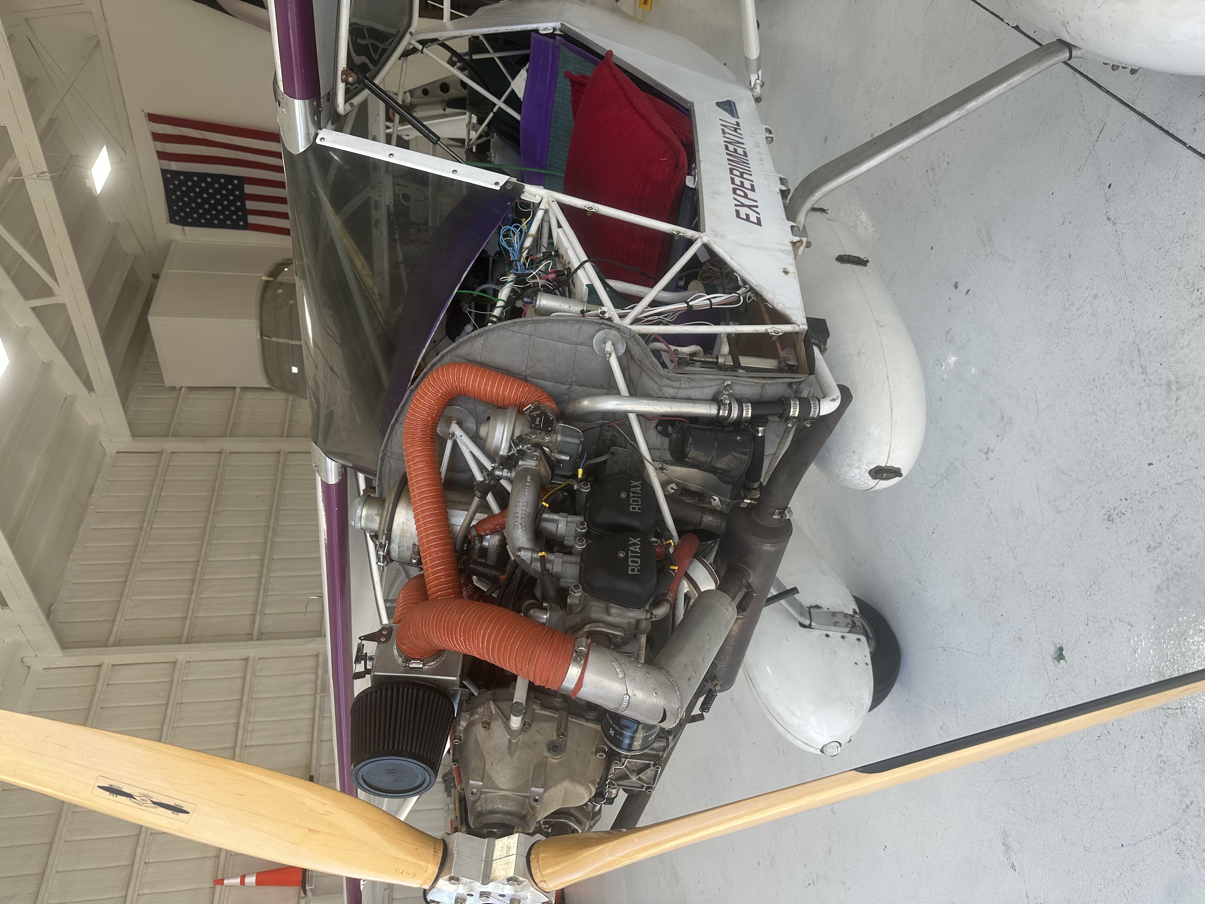 Kitfox IV Speedster with its Rotax engine installation exposed in the Mach hangar